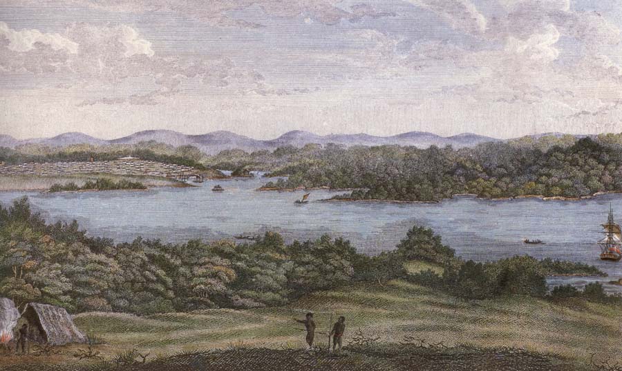 Port Jackson Harbour,in New South Wales,with a distant view of the Blue Mountains